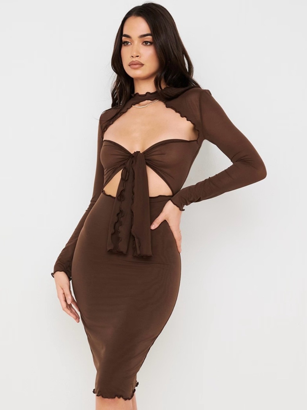 House of CB, Brown Long Sleeve Tie-Front Cutout Dress - Picture 4 of 10